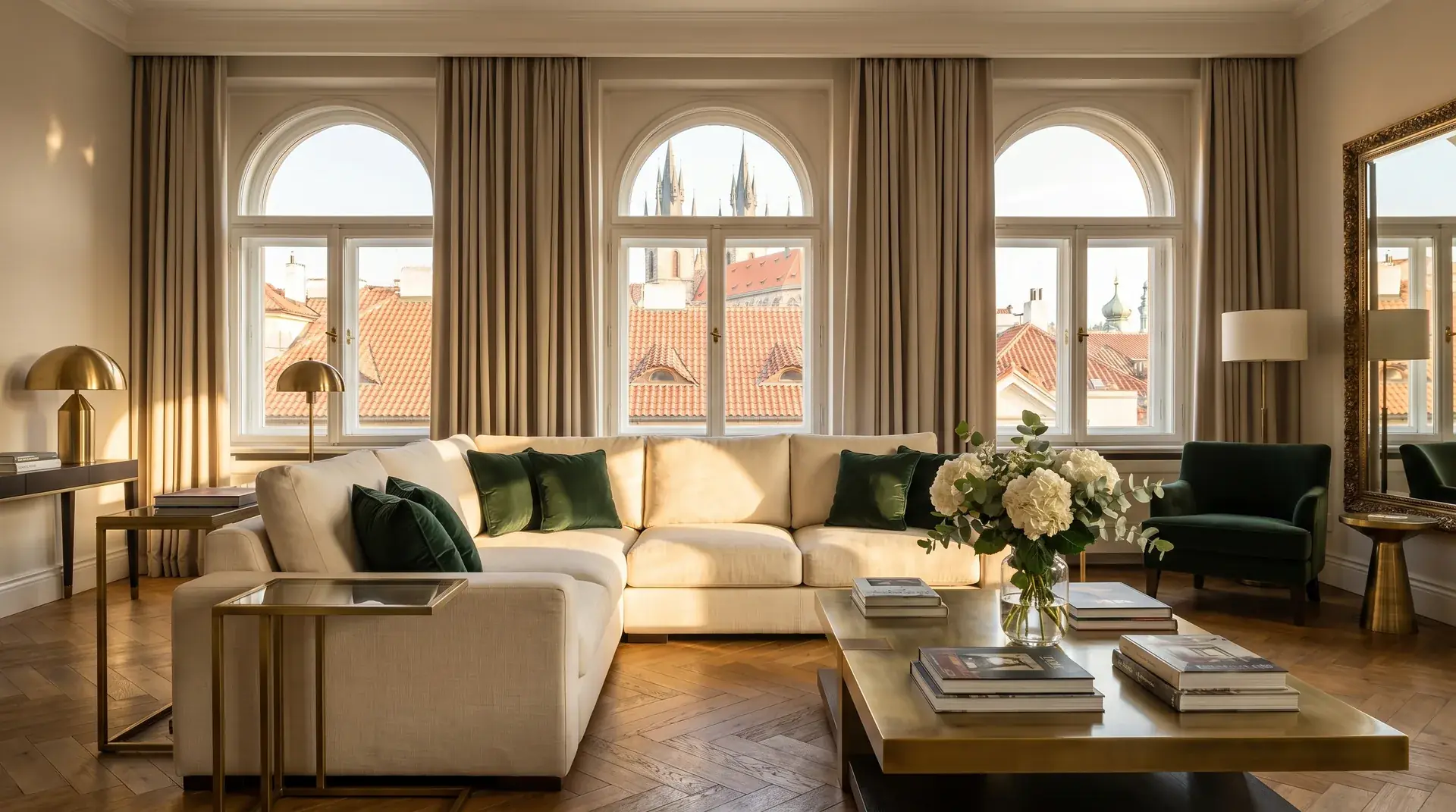 Bright living room in a Prague apartment run to a hotel standard by Spire Stays