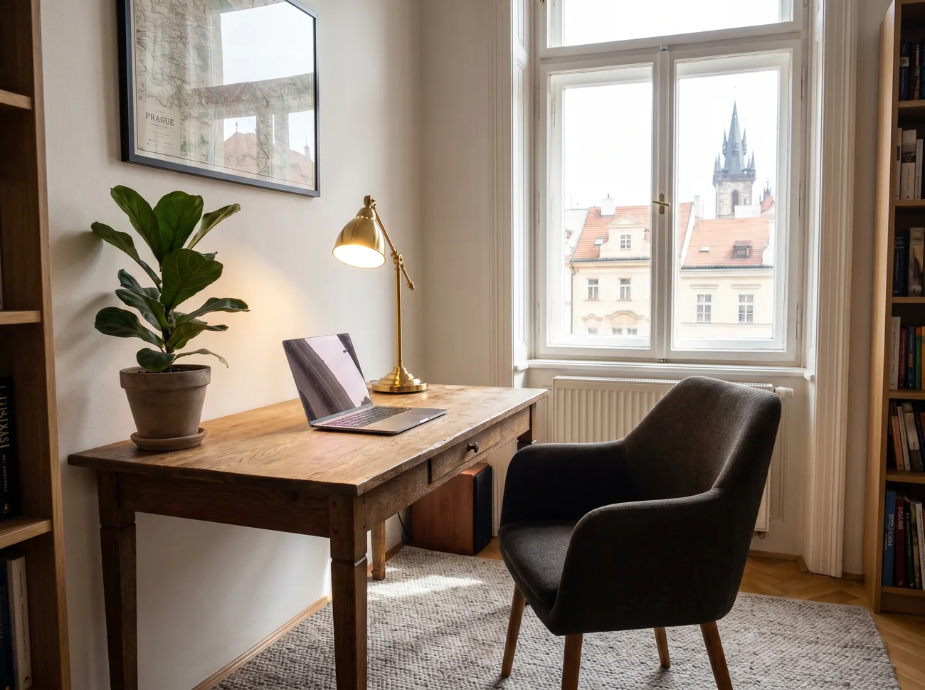 Desk and work corner for corporate guests in a Prague apartment