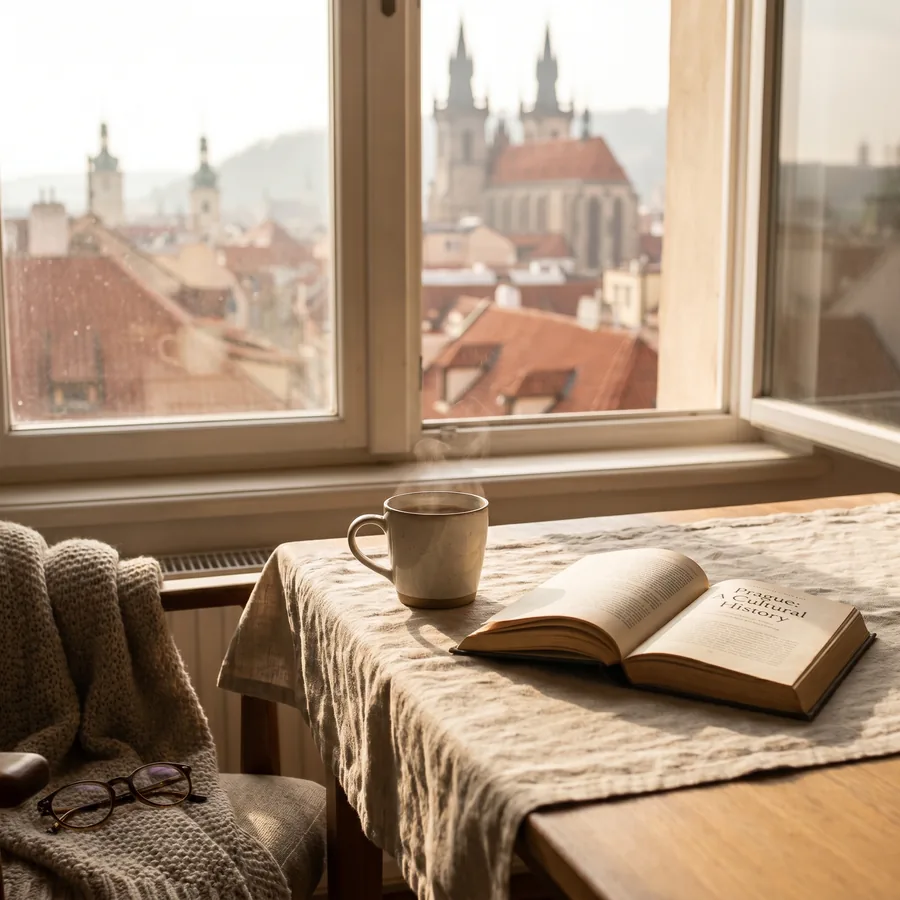 Coffee and book detail in a Spire Stays apartment